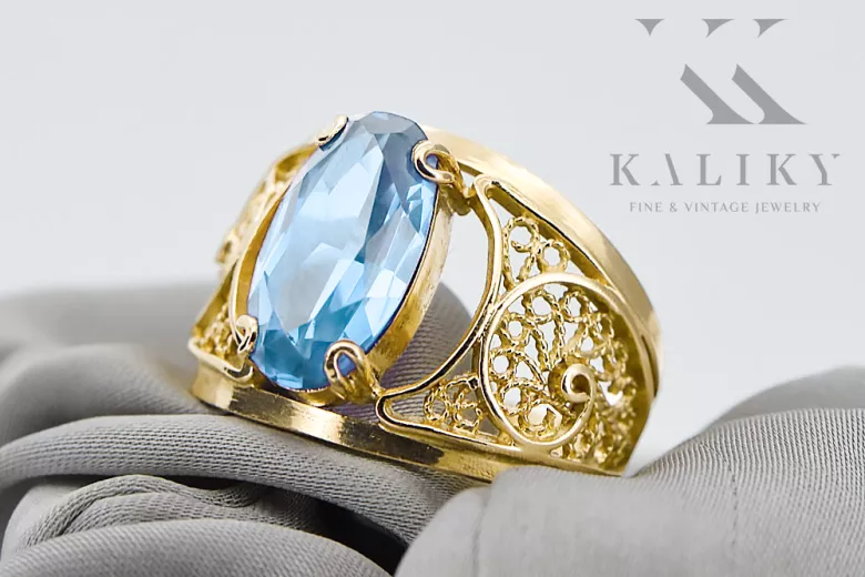 Akvamarinas 14k geltono aukso Žiedas Vintažiniai papuošalai vrc057y